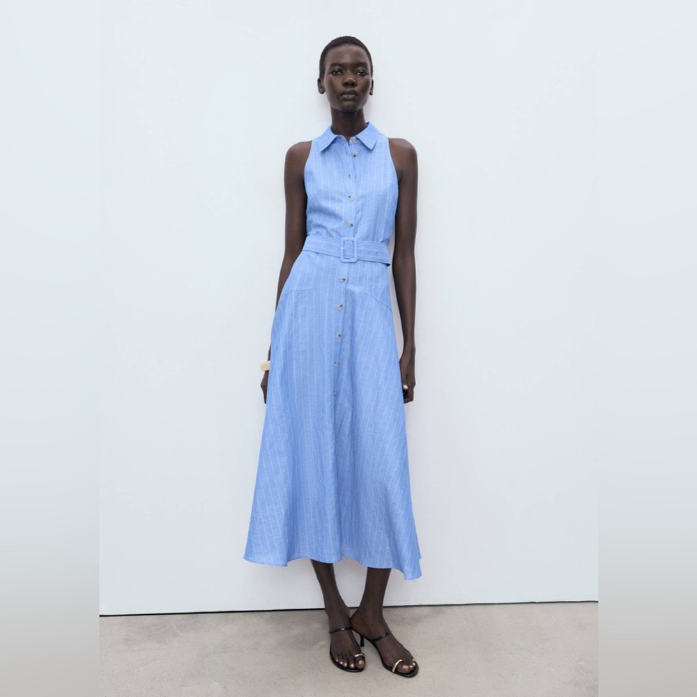 NWT MANGO Striped Linen-Blend Shirt-Style Dress in Blue